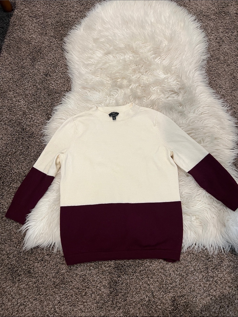 Talbots Cream and Burgundy Colorblock Crewneck Sweater